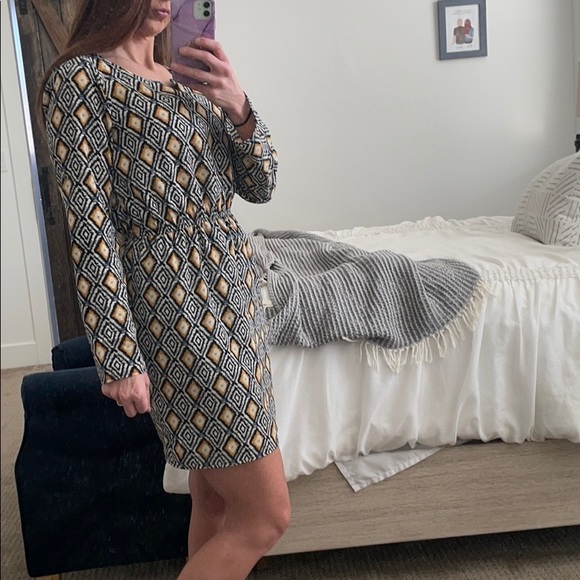 Navy & Mustard Pattern Dress - Picture 2 of 9